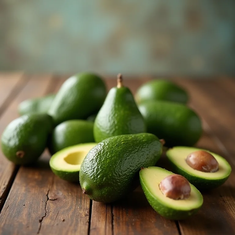 Abacates verdes e duros sobre mesa de madeira