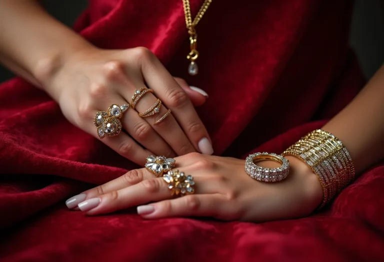 Acessórios femininos sofisticados dispostos elegantemente sobre uma superfície de veludo.