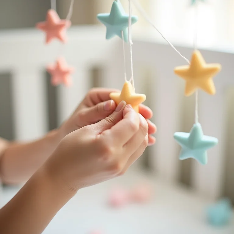 Artesã criando móbile de estrelas de EVA para berço de bebê