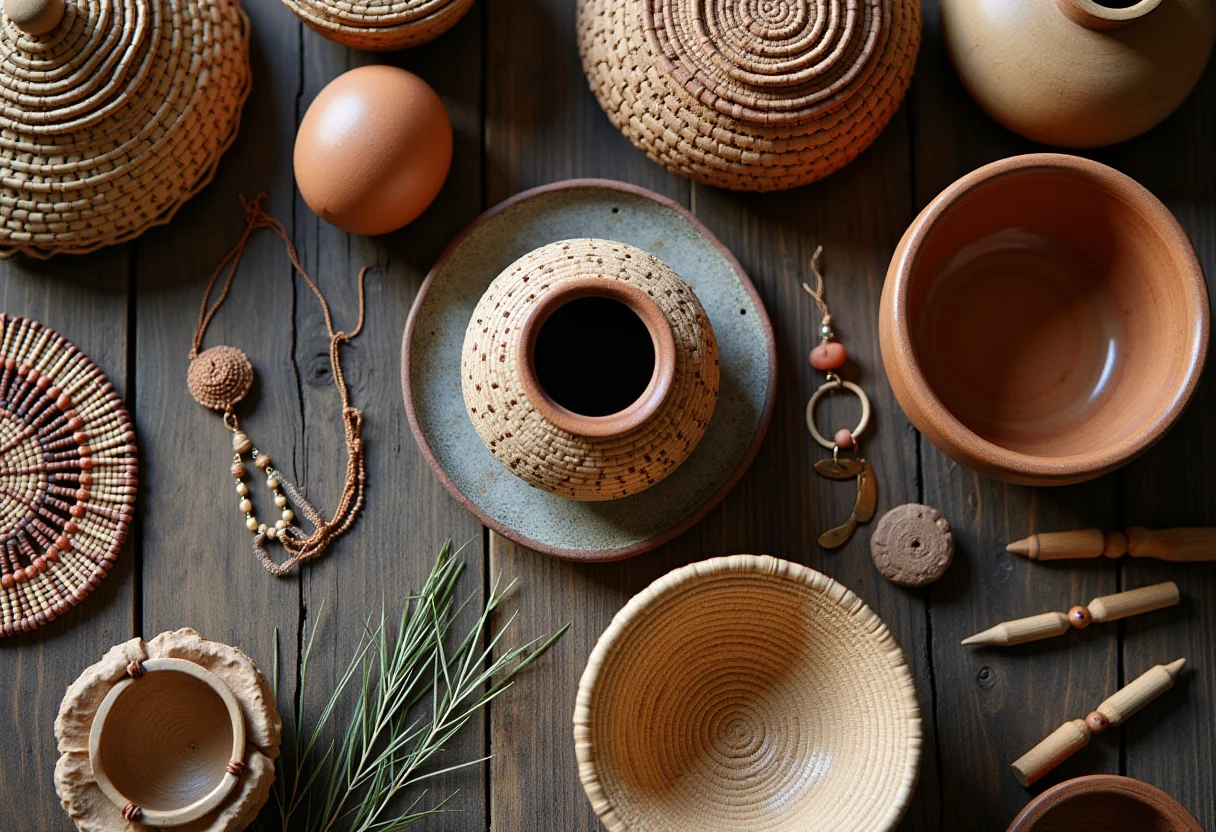 Artesanato brasileiro diversificado exposto em uma mesa de madeira rústica