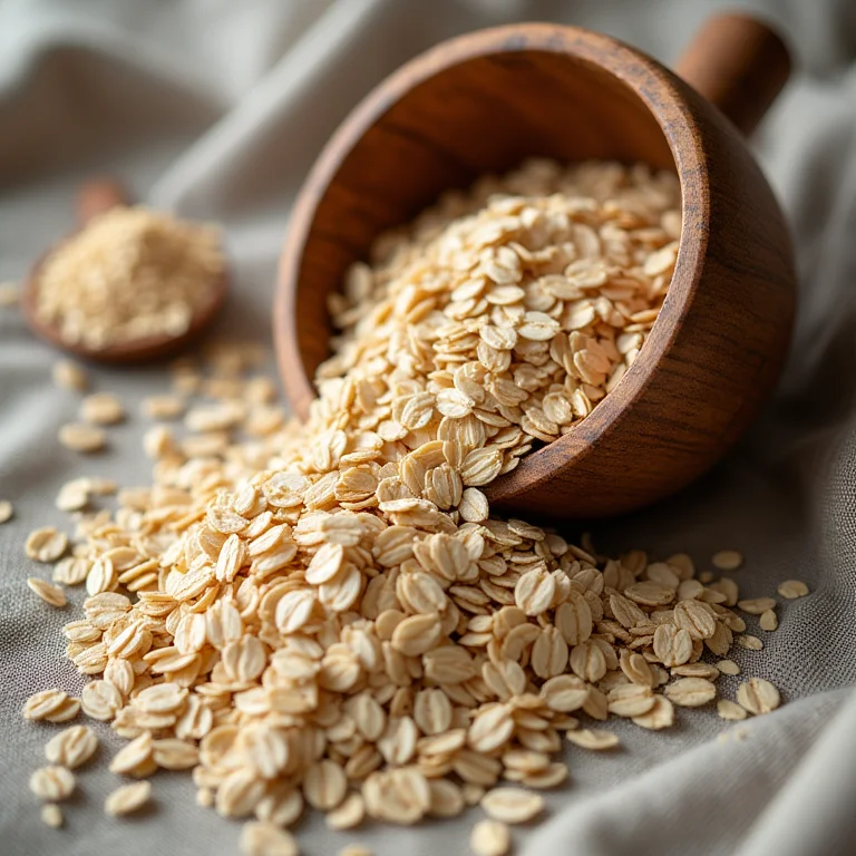 Aveia em grãos e flocos em tigela de madeira