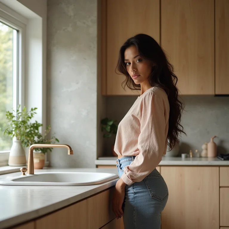 Bancada de granito com cuba esculpida em cozinha moderna