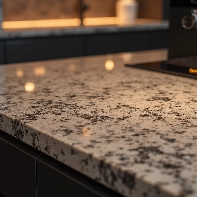 Bancada de granito com iluminação embutida criando efeito dramático
