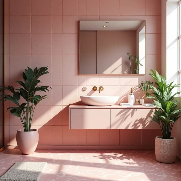 Banheiro com pastilhas rosa e azulejos geométricos