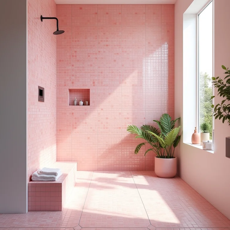 Banheiro iluminado com área de chuveiro revestida de pastilhas rosa