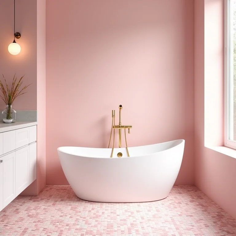 Banheiro minimalista com piso de pastilhas rosa e banheira branca