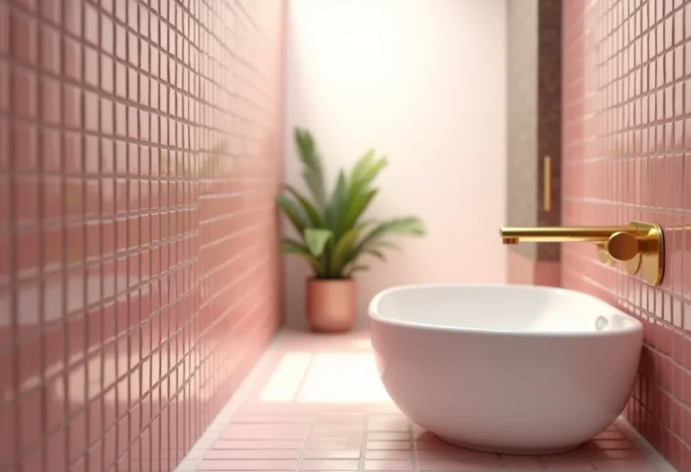 Banheiro moderno com parede revestida de pastilhas rosa