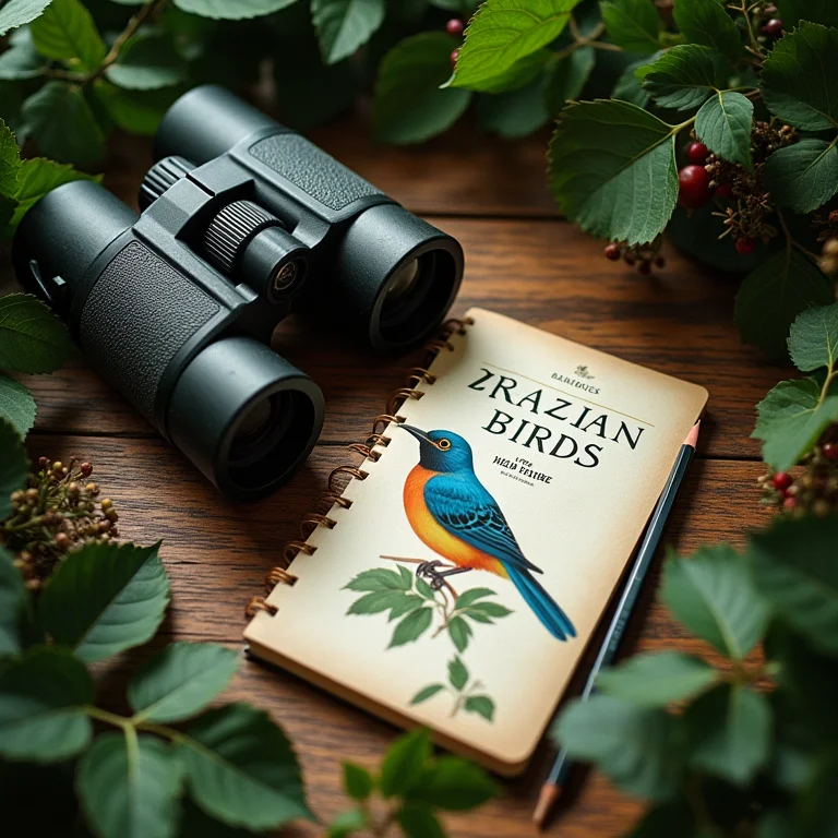 Binóculos, guia de aves e caderno em mesa de madeira.