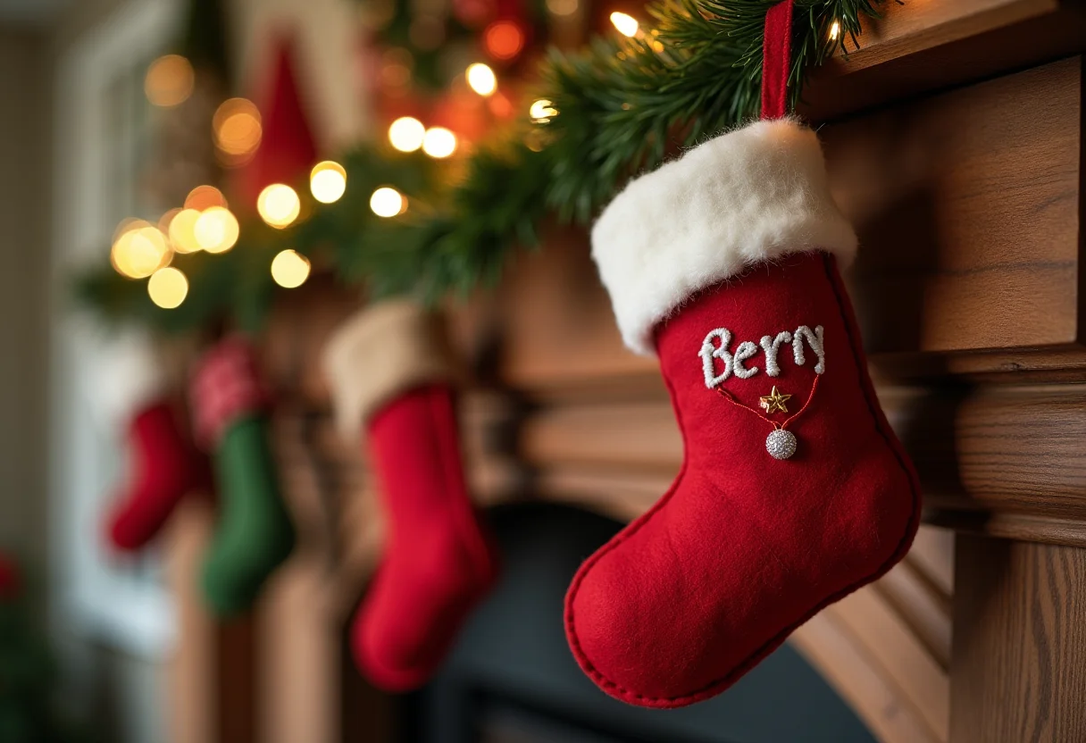 Bota de Natal de feltro personalizada com bordado em cena natalina aconchegante