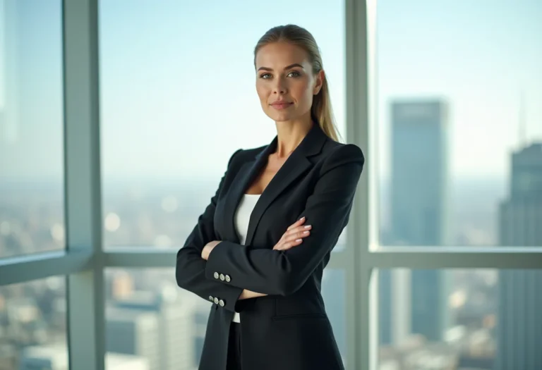Businesswoman in power suit overlooking city skyline.
