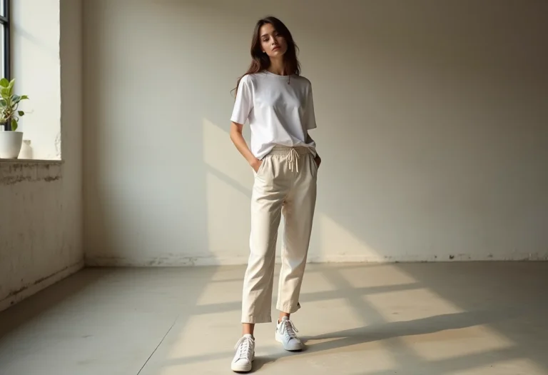 Calça cargo feminina larga clássica em um loft minimalista.