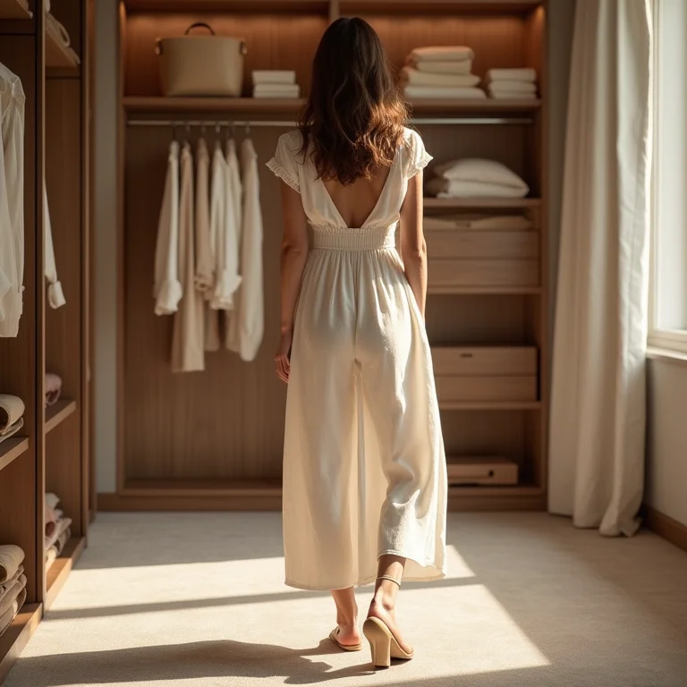 Calça cargo feminina larga em tecidos especiais em um closet de luxo.