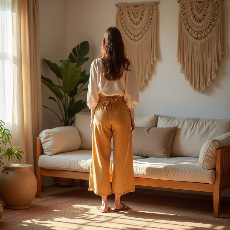 Calça cargo feminina larga pantacourt em um apartamento boêmio.