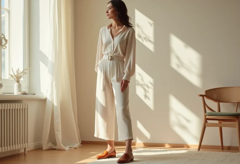 Calça de alfaiataria bege reta combinada com blusa de seda e loafers em apartamento minimalista.