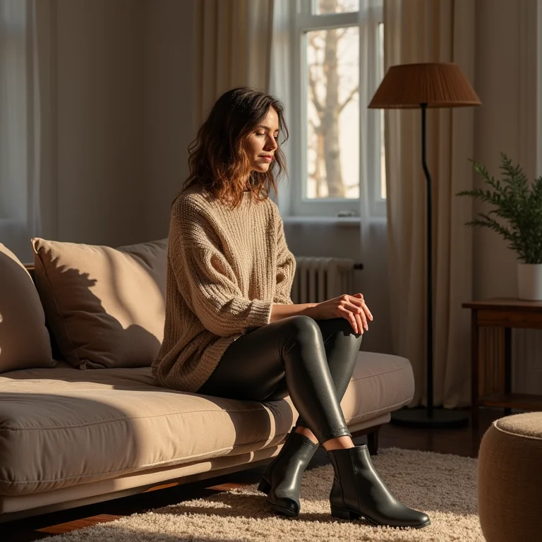 Calça de alfaiataria bege skinny com suéter oversized e botas em loft aconchegante.