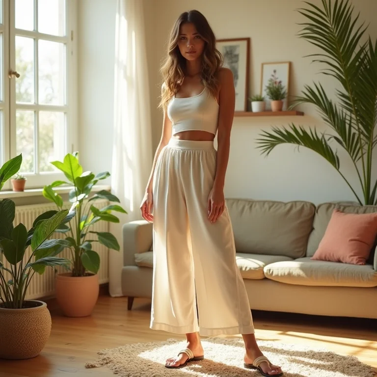 Calça de alfaiataria bege wide leg com crop top e sandálias de plataforma em sala ensolarada com plantas.