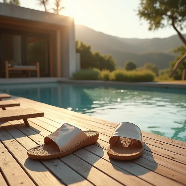 Chinelos e slides minimalistas espalhados em deck de madeira, piscina minimalista.