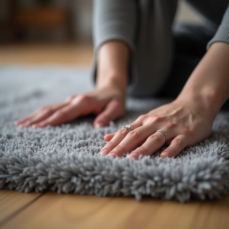 Close-up de mãos tocando tapete cinza com tom inadequado para o piso de madeira