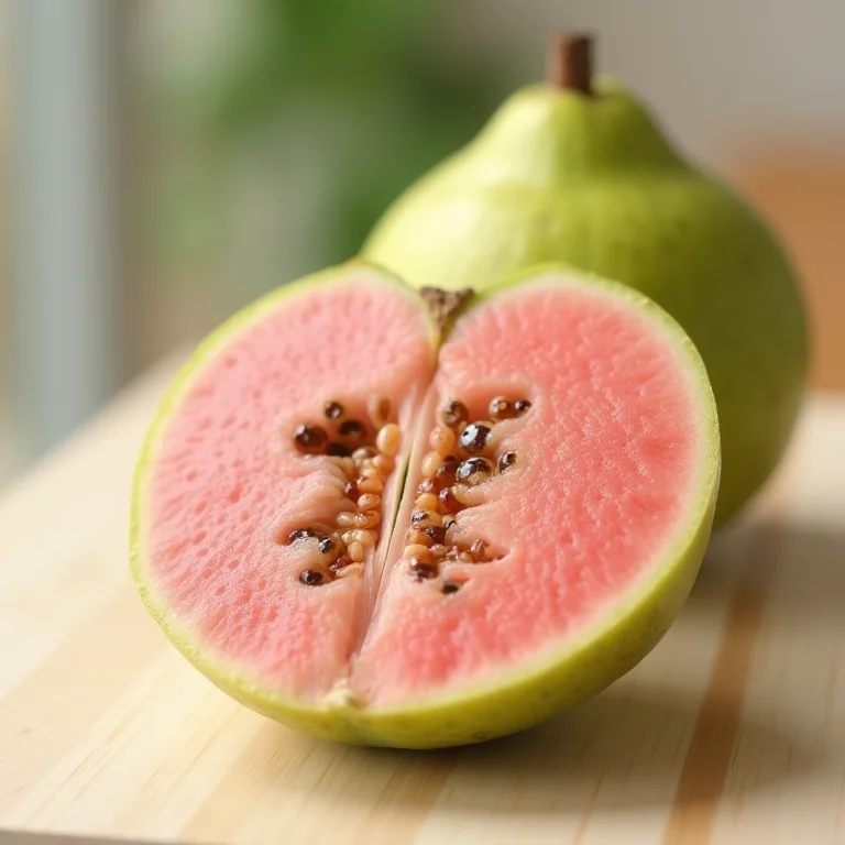 Close-up de uma goiaba cortada ao meio.