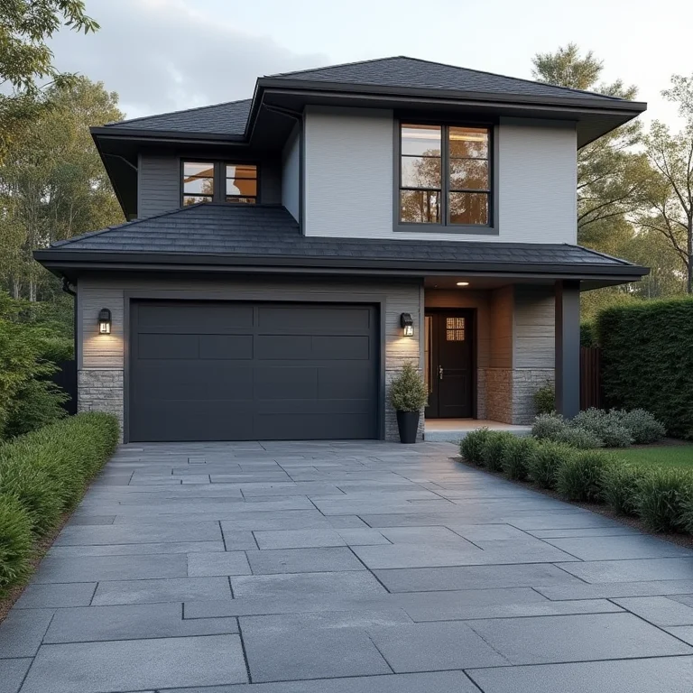 Combinação de cores: fachada cinza claro com piso de madeira plástica cinza escuro na garagem.