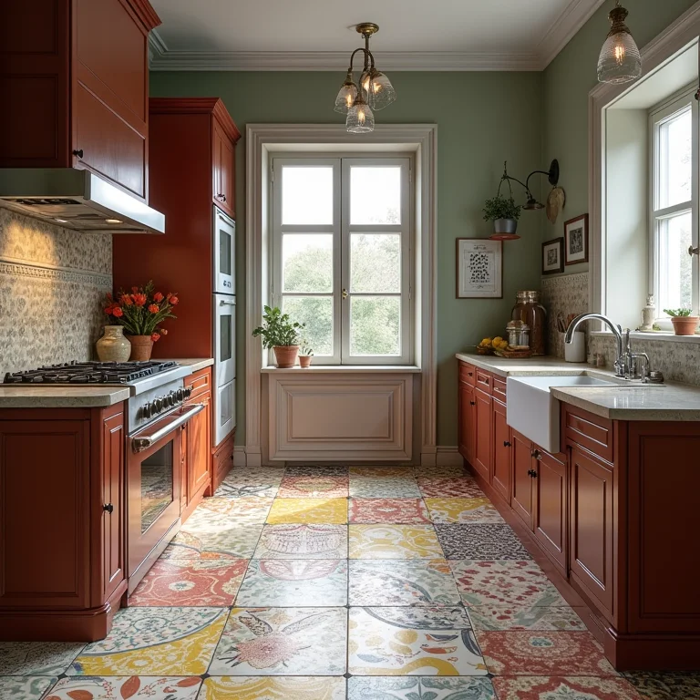 Cozinha estilosa com piso vinílico estampado e cores vibrantes