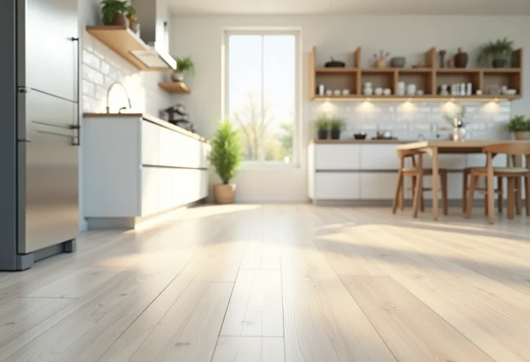 Cozinha moderna com piso vinílico resistente e design minimalista