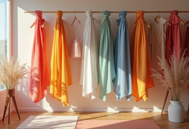 Círculo cromático com amostras de tecido e roupas femininas organizadas por cor para combinar cores.