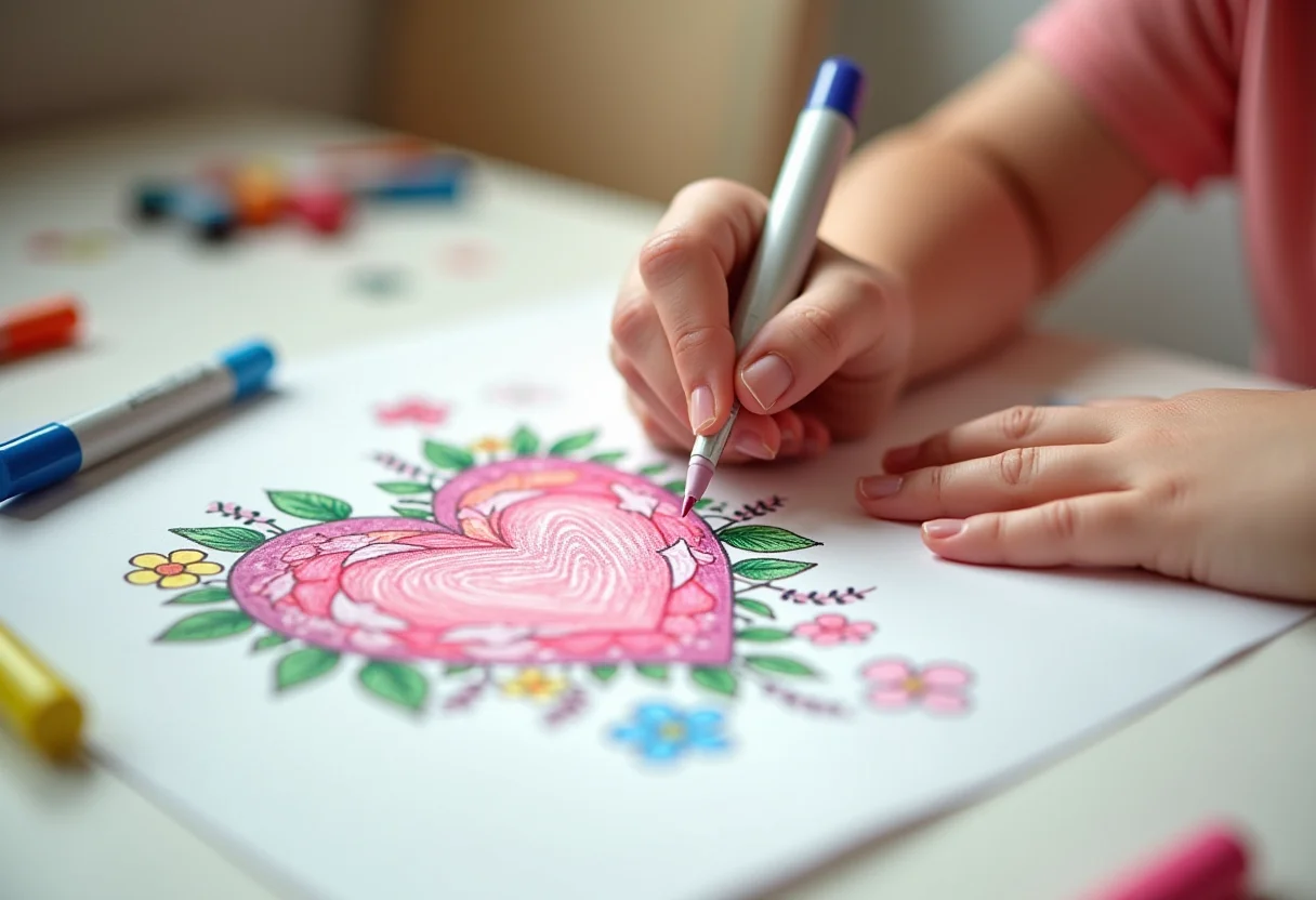 Criança colorindo um desenho de coração floral para o Dia das Mães
