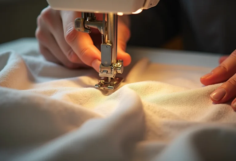 Detalhe da costura de mangas bufantes, mostrando o processo de criação e os detalhes intrincados do tecido.