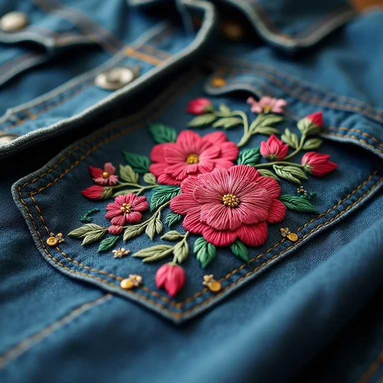 Detalhe de bordado floral em jaqueta jeans.