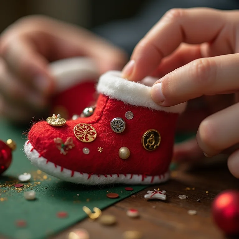 Detalhe de mãos costurando mini botas de feltro para enfeites de árvore de Natal