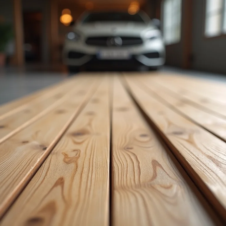 Detalhes do piso de madeira plástica para garagem, com diferentes texturas e cores.