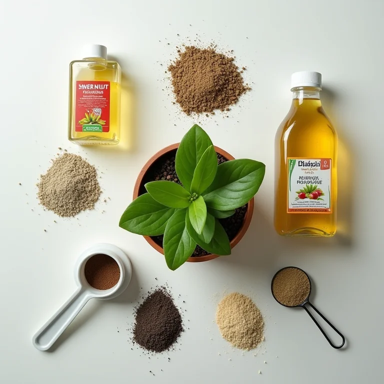 Diferentes tipos de fertilizantes para plantas, incluindo líquido e granular.