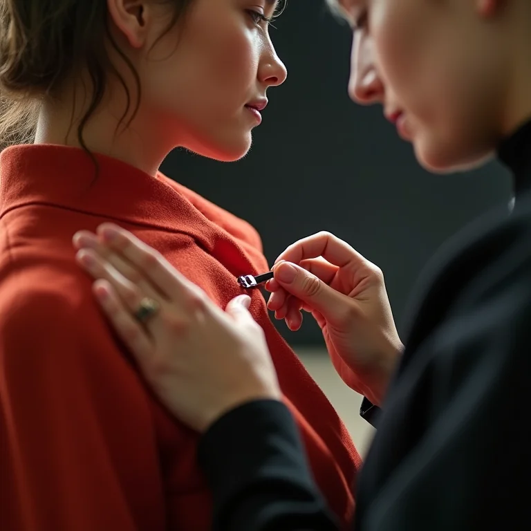 Estilista ajustando sutilmente a roupa de uma modelo com alfinetes e clipes nos bastidores de um desfile de moda.