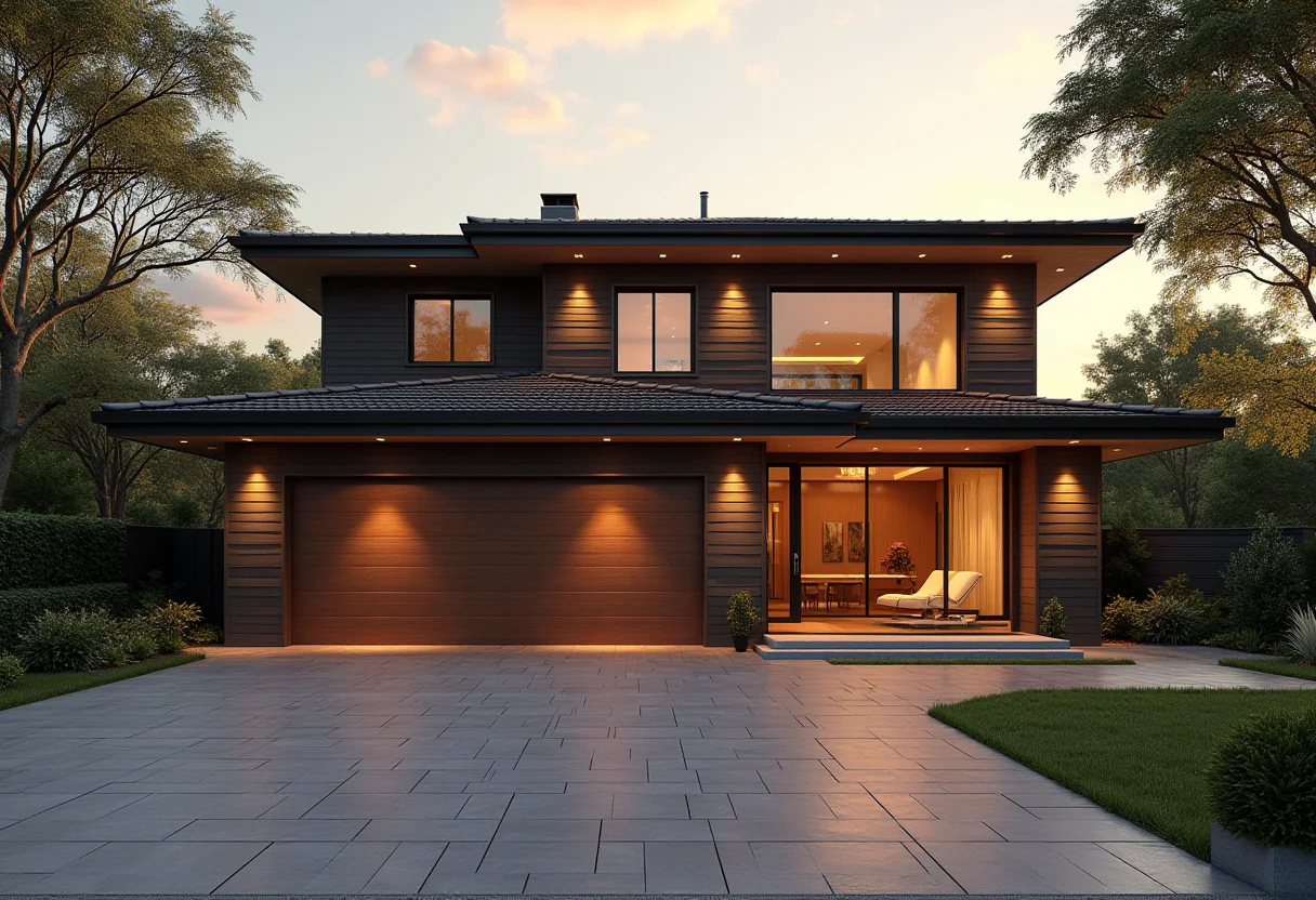 Fachada moderna de casa com garagem dupla e piso de madeira plástica.