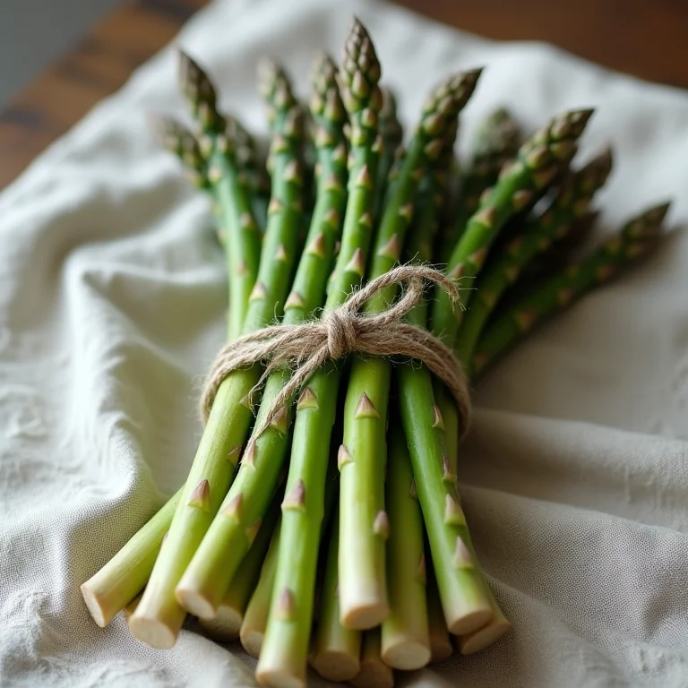 Feixe de aspargos frescos amarrados em tecido de linho.
