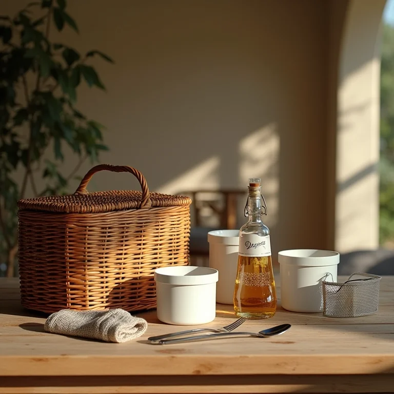 Ferramentas essenciais para um piquenique: cesta de vime, manta, recipientes reutilizáveis, talheres e abridor de garrafas.