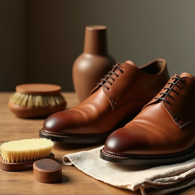 Ferramentas necessárias para cuidados com sapatos ao lado de sapatos de couro minimalistas.