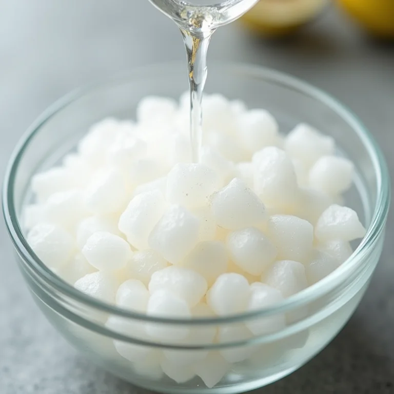 Goma de tapioca sendo hidratada em recipiente de vidro.