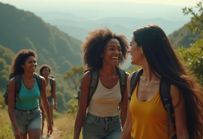 Grupo diverso de mulheres curtindo trilha perto de SP