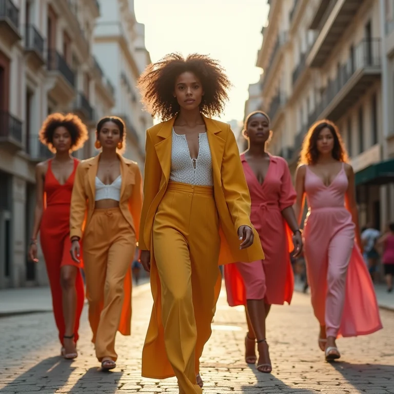 Grupo diverso de mulheres exibindo com confiança moda futurista e sustentável em um ambiente urbano.