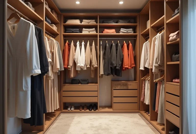 Guarda-roupa feminino elegante e versátil com roupas e acessórios bem organizados