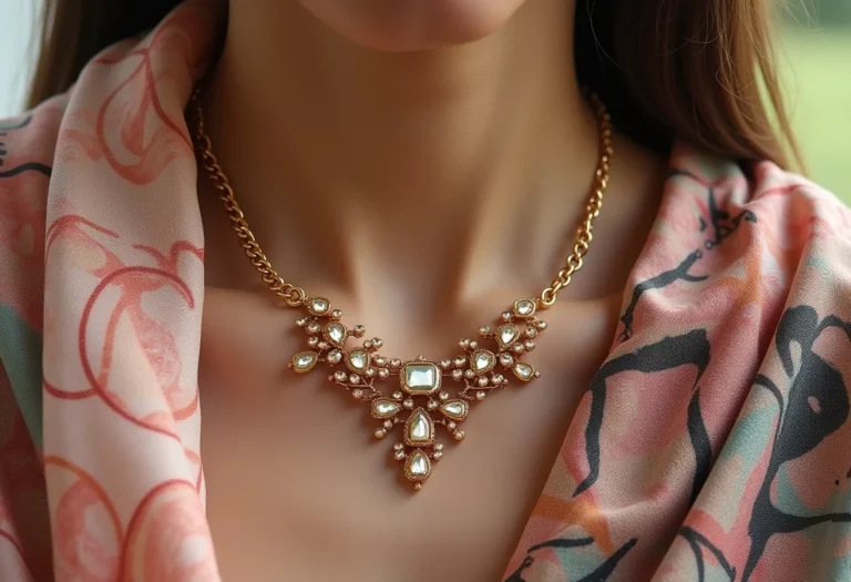 High-end editorial shot of 2026 women's accessories including a statement necklace, earrings, silk scarf, and handbag.