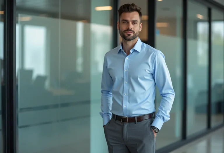 Homem elegante vestindo calça de alfaiataria cinza e camisa azul claro em ambiente de trabalho moderno.