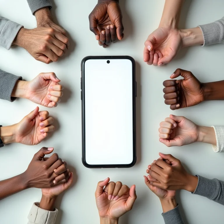 Ícones representando diferentes grupos demográficos em torno de um smartphone com app de marketplace