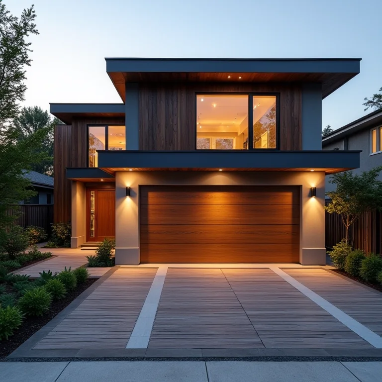 Inspirações de fachada de casa com garagem e piso de madeira plástica.