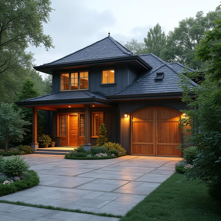 Integração da fachada com jardim e piso de madeira plástica na garagem.