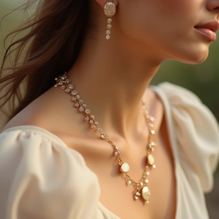 Jóias delicadas combinadas com um vestido de mangas bufantes, destacando os acessórios como o toque final perfeito.