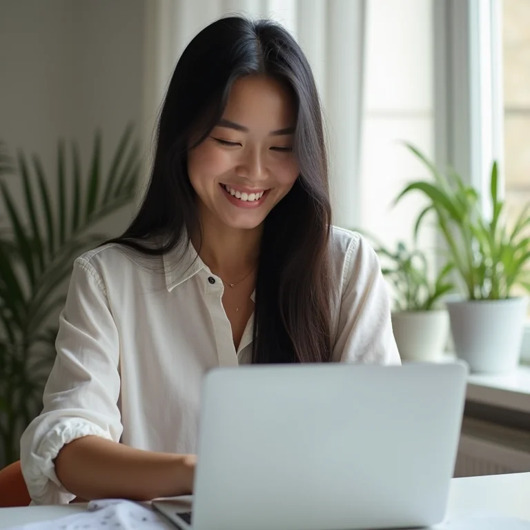 Jovem artesã asiático-brasileira gerenciando sua loja no Elo7 em seu estúdio