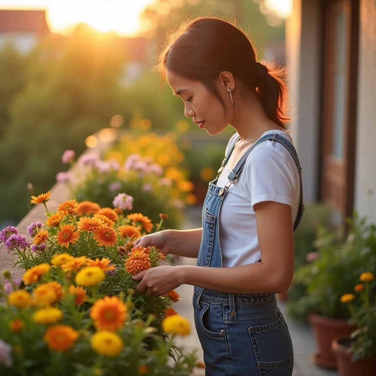 Jovem cuidando de um jardim de Diascias em vasos na varanda durante a hora dourada.